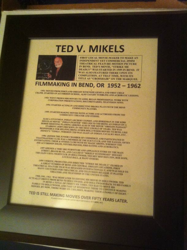 plaque describing Ted V. Mikels' filmmaking in Bend, Oregon